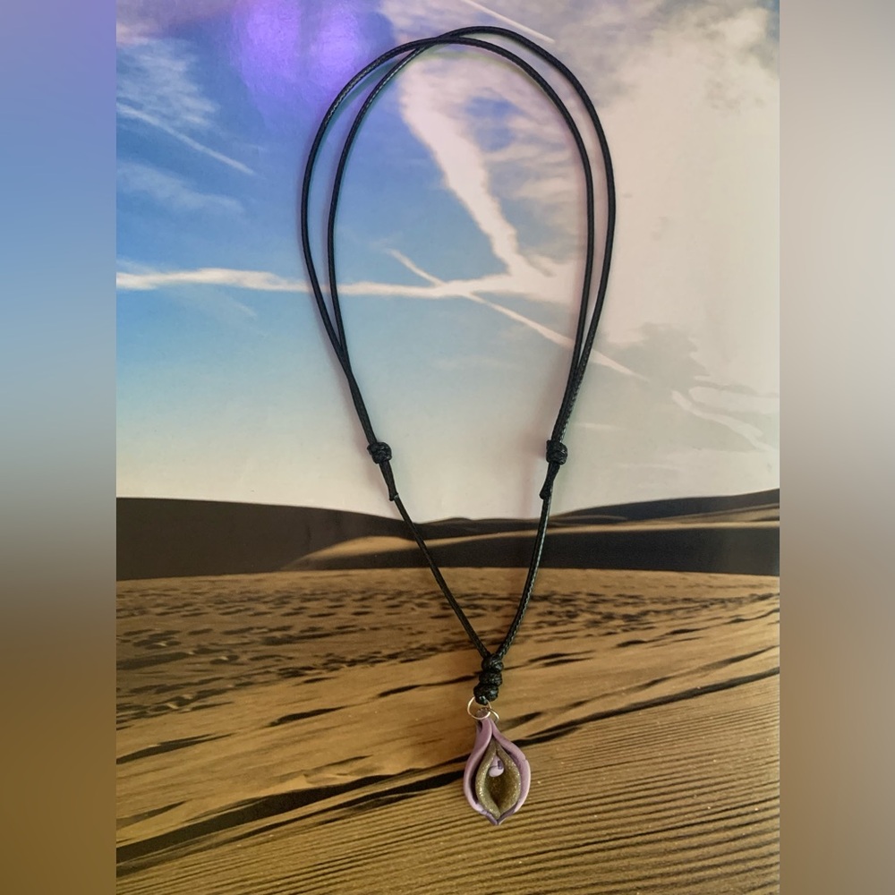 Sensual Floral Necklace Handmade Clay Pendant Adjustable Length Cord - Picture 6 of 12